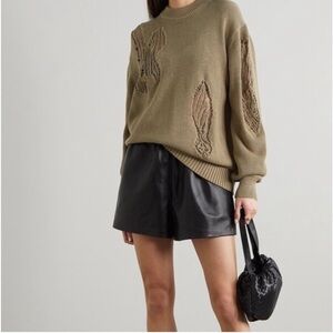 Tibi Applique Cotton Pullover Sweater Olive Army Green Relaxed Fit Crewneck